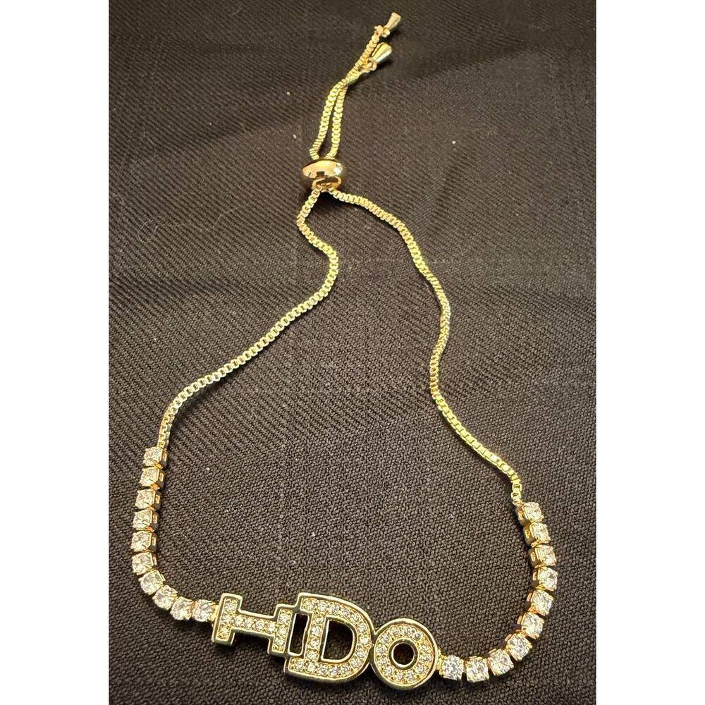 Bridal NWOT iced-out bolo bracelet "I DO" in crystal-encrusted bubble letters - Picture 3 of 4